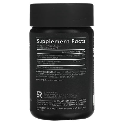 Sports Research, D3 + K2, Plant Based, 125 mcg/100 mcg, 60 Veggie Softgels